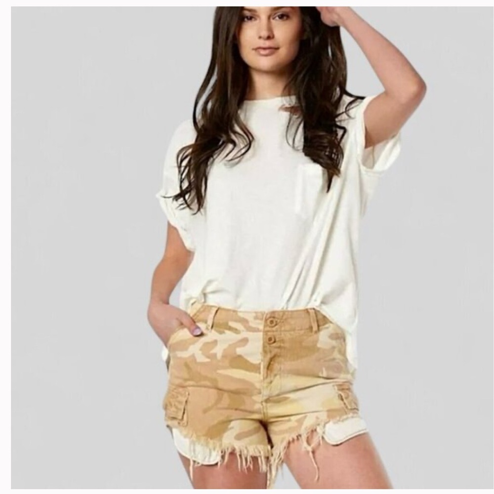 WE THE FREE Free People Commando Yellow Camo Denim Cargo Utility Frayed Shorts